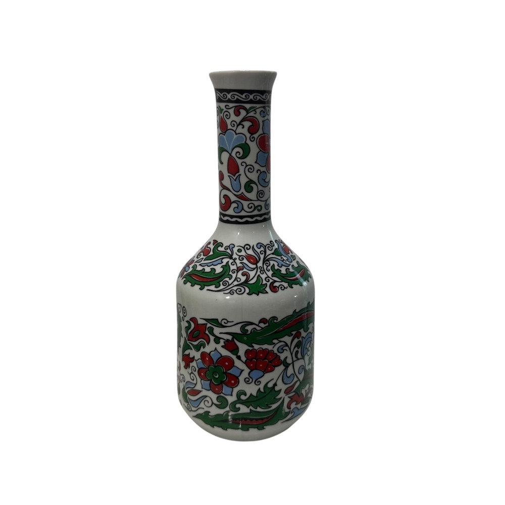 Metaxa Hand Made Porcelain Vase Made in Greece Floral Iznik Style White 7.5"